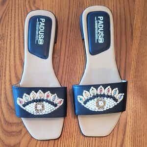 Padus black sandals with rhinestones & pearls, size 7.5